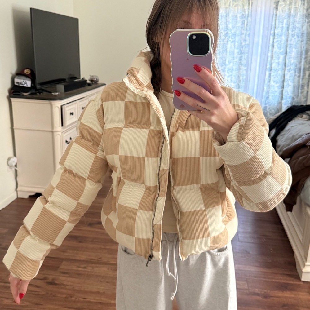 NanaMacs Beige Checkered Puffer Jacket